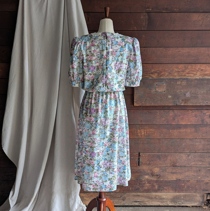 80s/90s Vintage Blue Floral Midi Puff Sleeve Dress