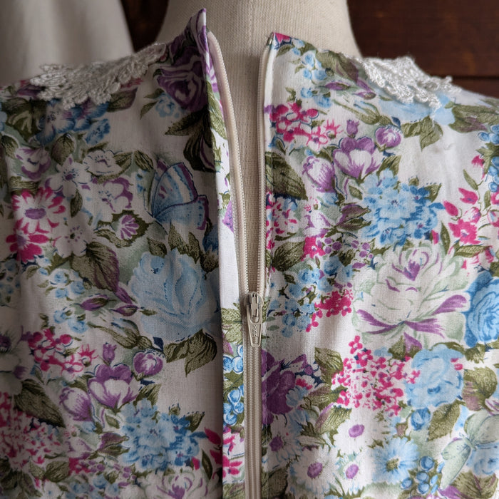 80s/90s Vintage Blue Floral Midi Puff Sleeve Dress