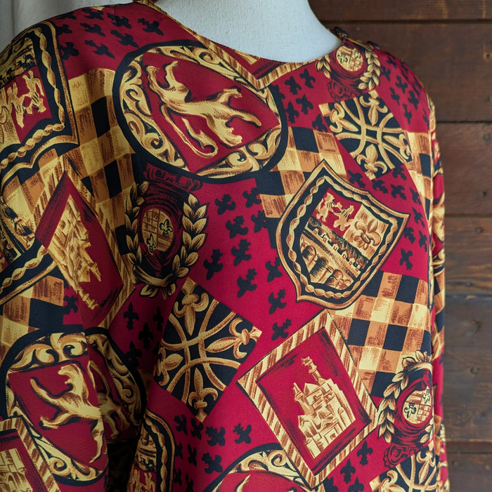 80s/90s Vintage Red Heraldry Print Blouse