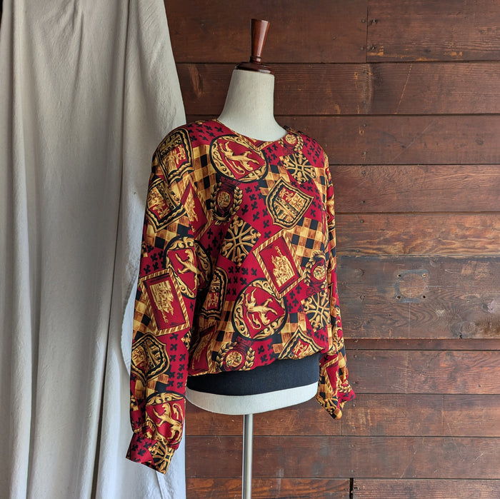 80s/90s Vintage Red Heraldry Print Blouse
