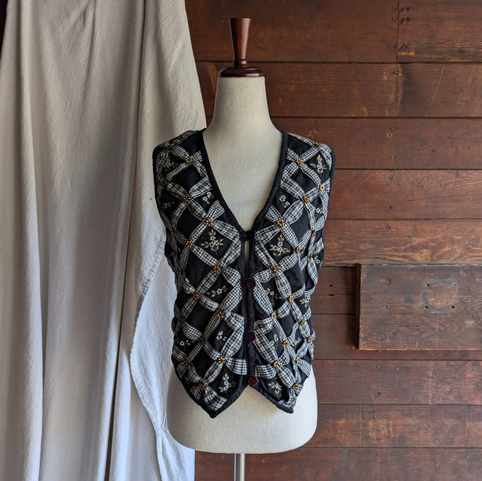 90s Vintage Black Embroidered Lattice Vest