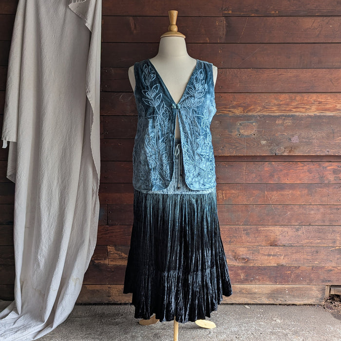 90s Vintage Blue Crushed Velvet Broomstick Maxi Skirt