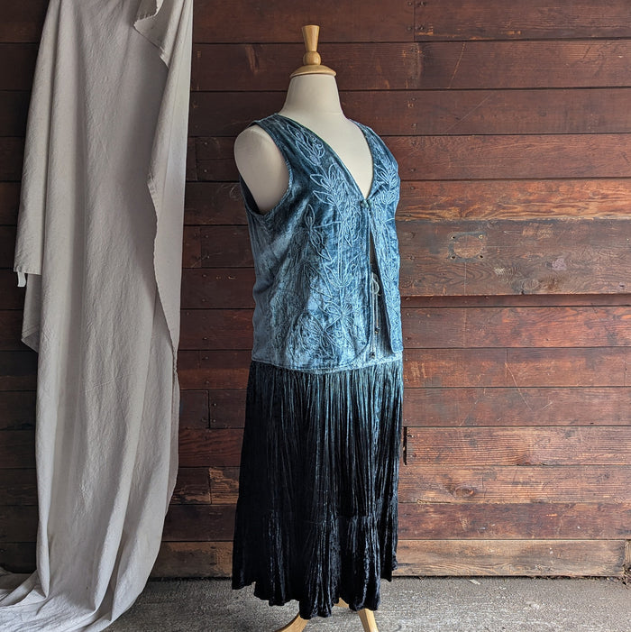 90s Vintage Blue Crushed Velvet Broomstick Maxi Skirt