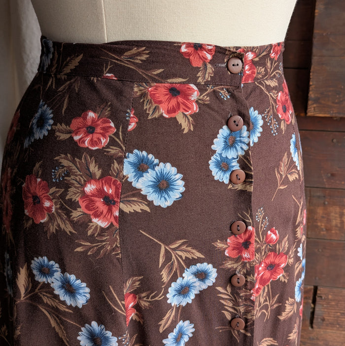 90s Vintage Brown Floral Rayon Skirt
