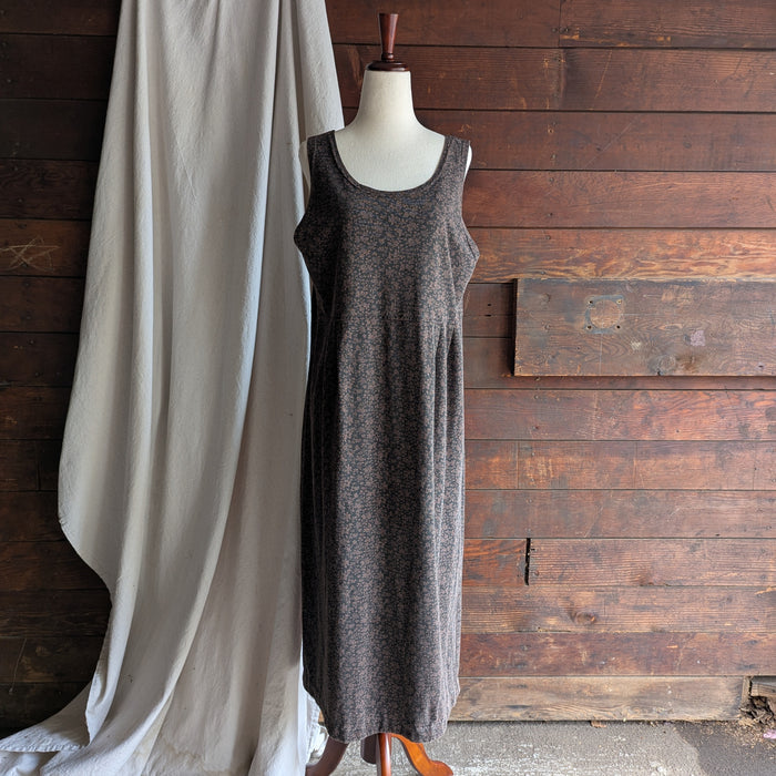 90s Vintage Brown Printed Jersey Knit Pinafore Dress