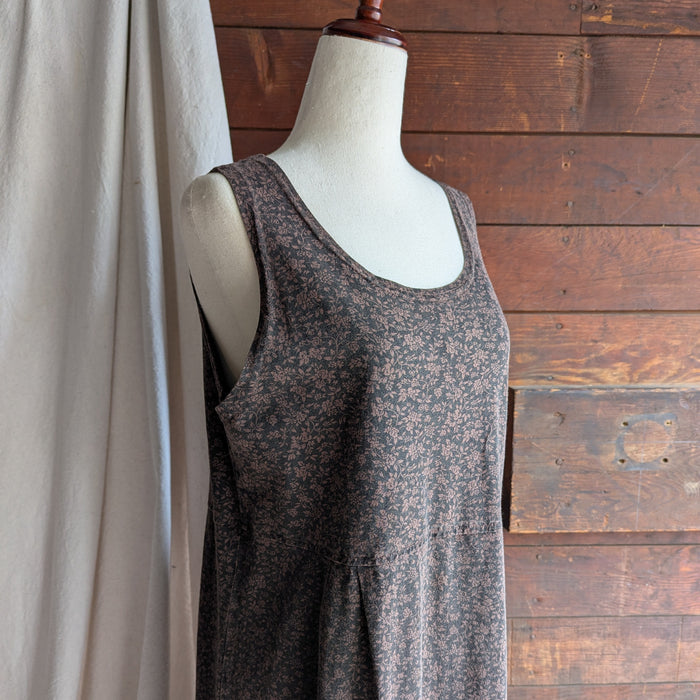 90s Vintage Brown Printed Jersey Knit Pinafore Dress
