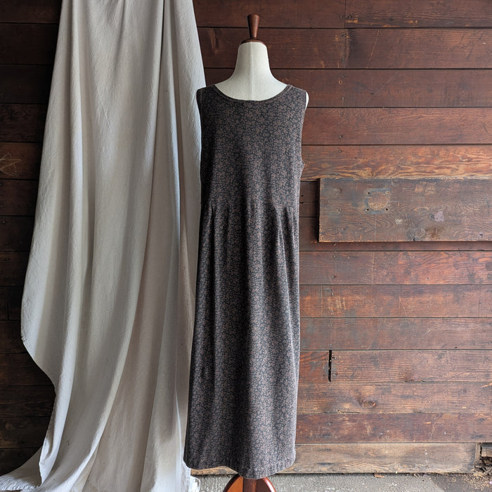 90s Vintage Brown Printed Jersey Knit Pinafore Dress