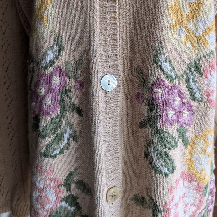 90s Vintage Cream Embroidered Floral Cardigan