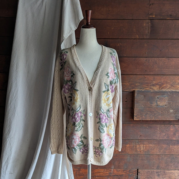 90s Vintage Cream Embroidered Floral Cardigan