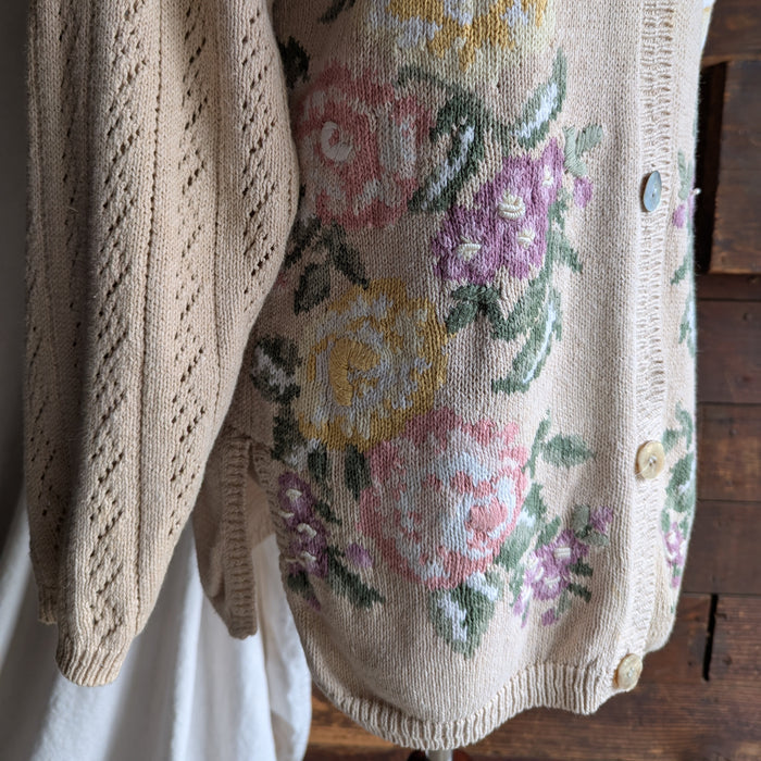 90s Vintage Cream Embroidered Floral Cardigan