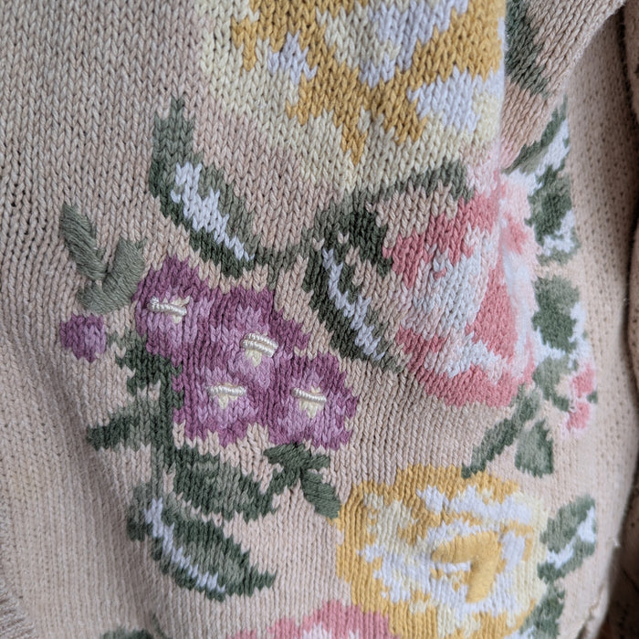 90s Vintage Cream Embroidered Floral Cardigan