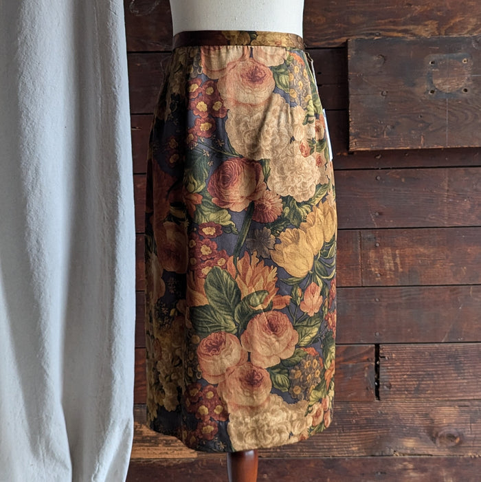 90s Vintage Earthy Floral Satin Silk Skirt