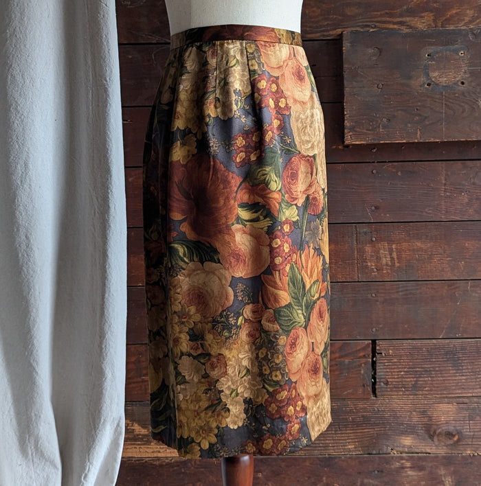 90s Vintage Earthy Floral Satin Silk Skirt