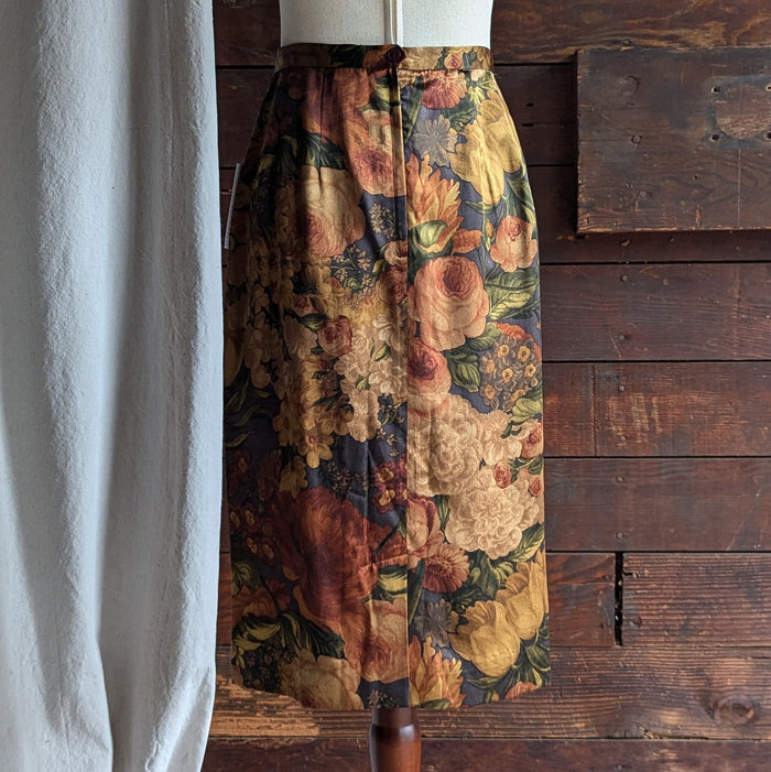 90s Vintage Earthy Floral Satin Silk Skirt