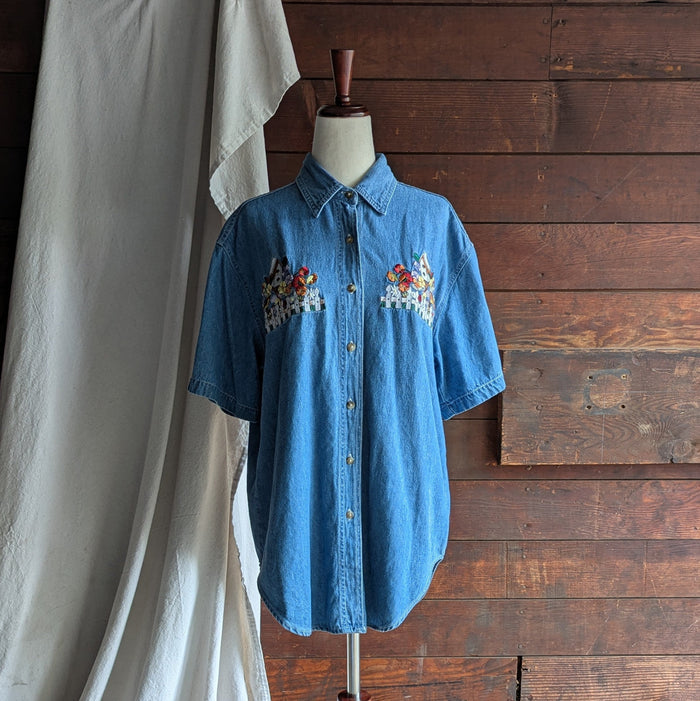90s Vintage Embroidered Birdhouse Denim Shirt