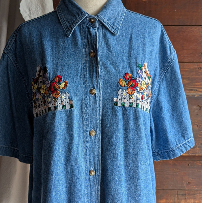 90s Vintage Embroidered Birdhouse Denim Shirt