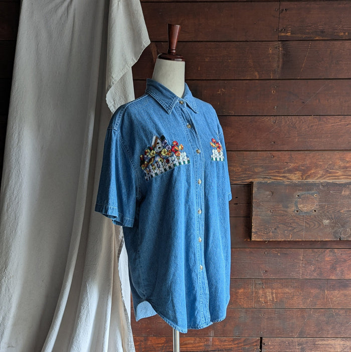 90s Vintage Embroidered Birdhouse Denim Shirt