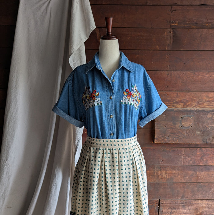90s Vintage Embroidered Birdhouse Denim Shirt