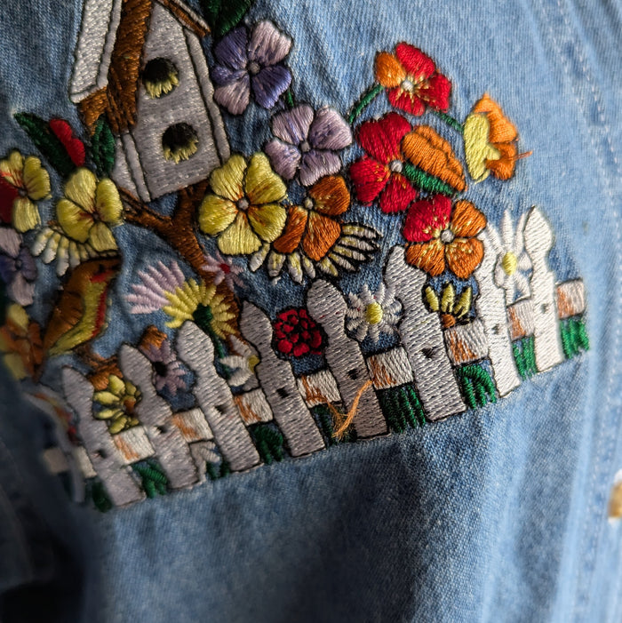 90s Vintage Embroidered Birdhouse Denim Shirt