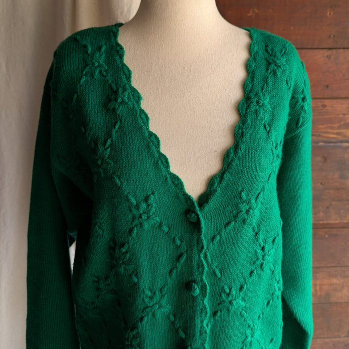 90s Vintage Embroidered Green Cardigan