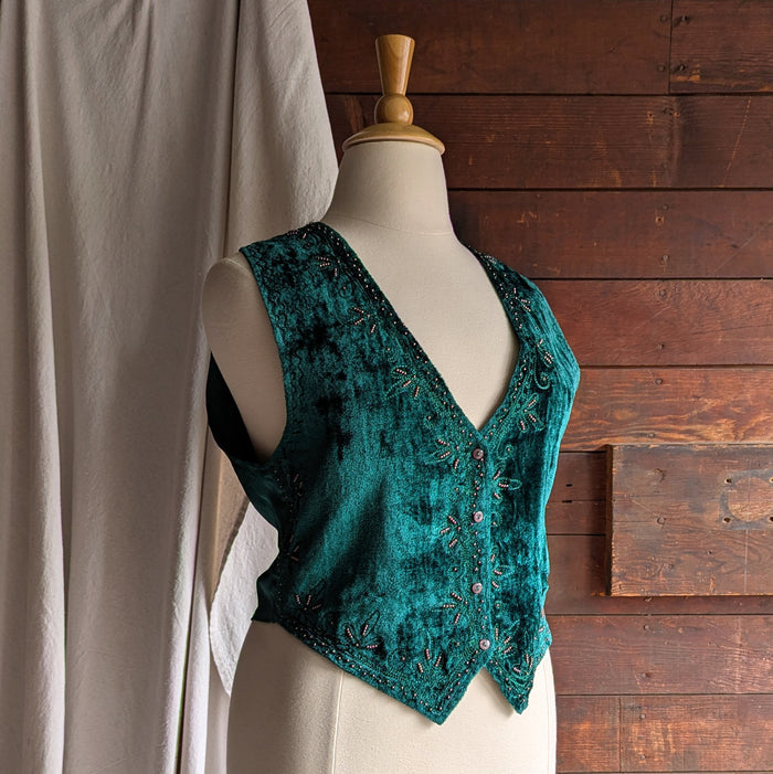 90s Vintage Emerald Green Beaded Velveteen Vest