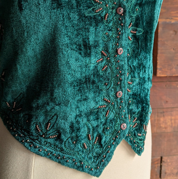 90s Vintage Emerald Green Beaded Velveteen Vest