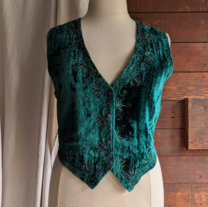 90s Vintage Emerald Green Beaded Velveteen Vest