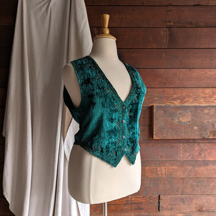 90s Vintage Emerald Green Beaded Velveteen Vest