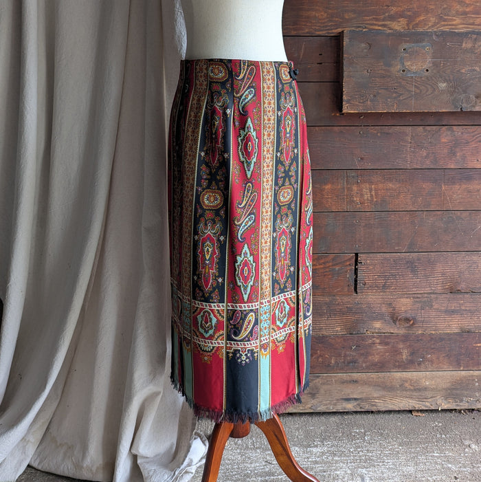 90s Vintage Fringe Hem Paisley Wrap Skirt