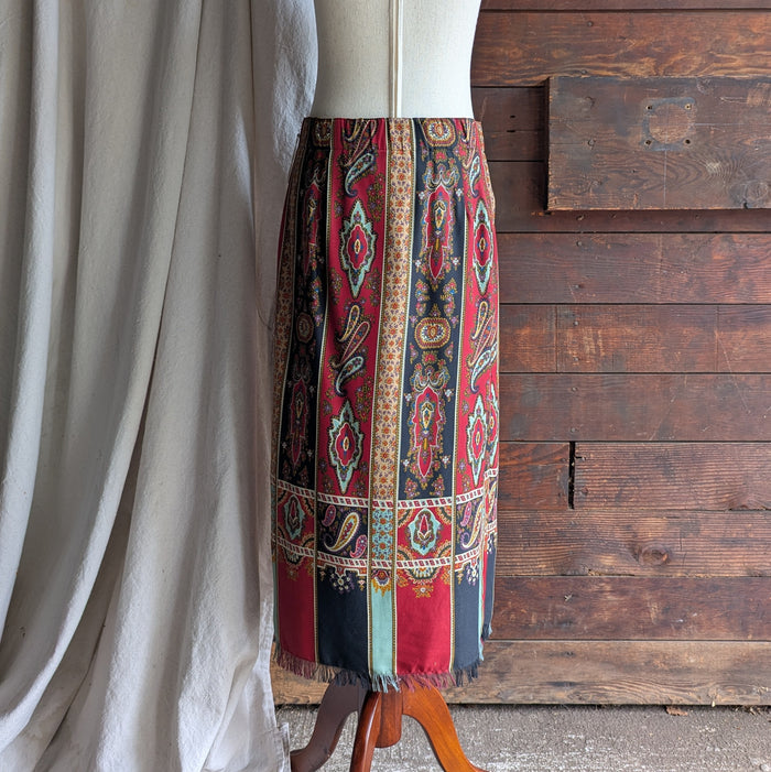 90s Vintage Fringe Hem Paisley Wrap Skirt