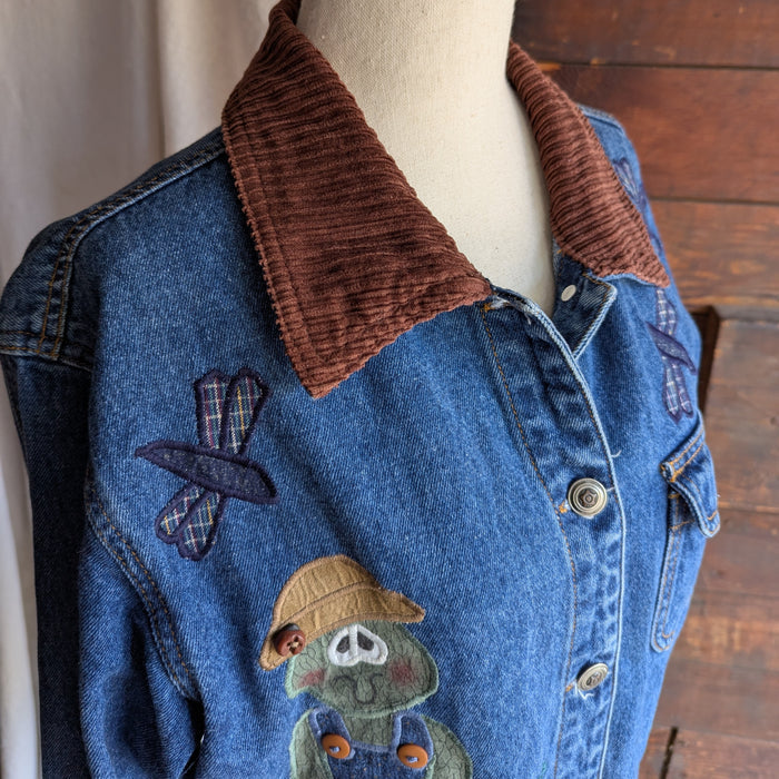 90s Vintage Frog Applique Denim Barn Coat
