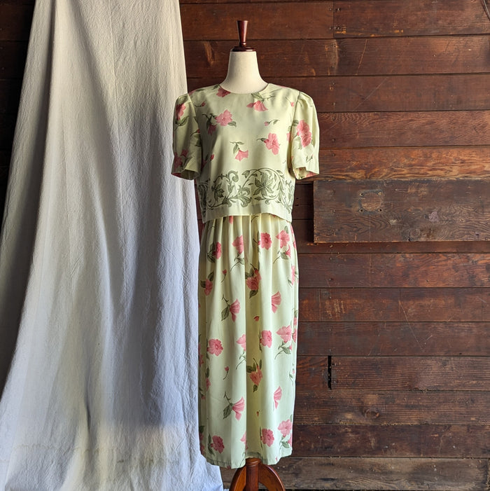 90s Vintage Green Floral Boxy-Top Maxi Dress