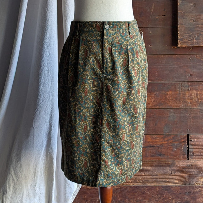 90s Vintage Green Paisley Pencil Skirt