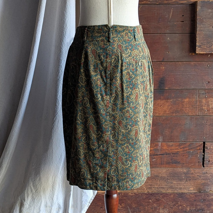 90s Vintage Green Paisley Pencil Skirt