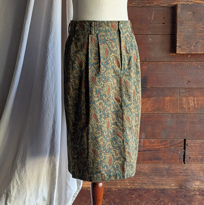 90s Vintage Green Paisley Pencil Skirt