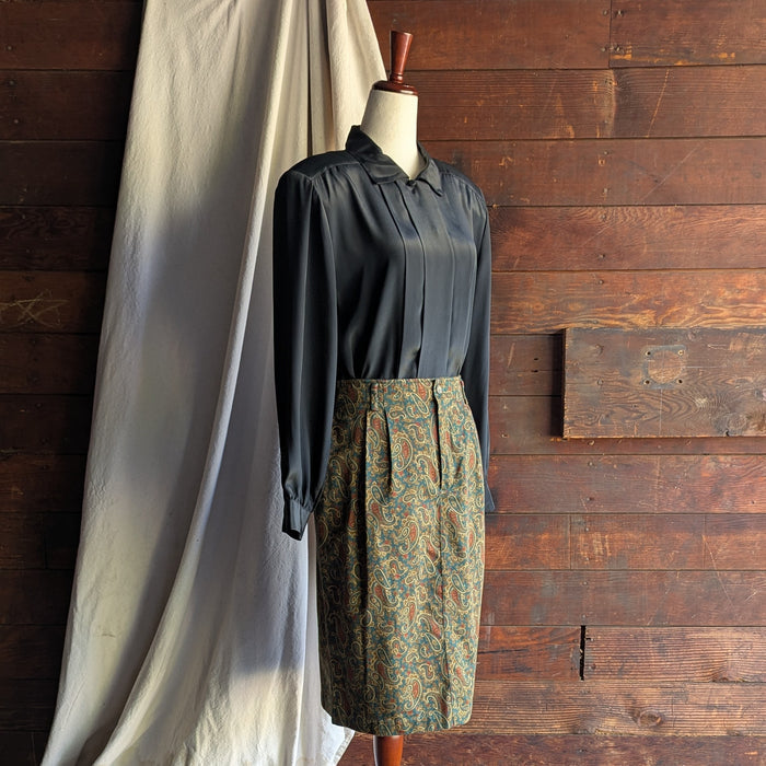 90s Vintage Green Paisley Pencil Skirt