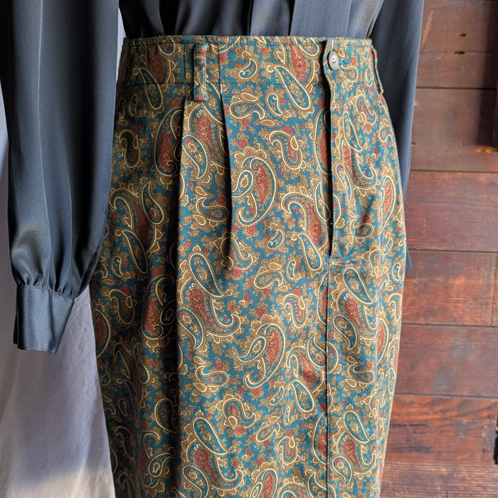 90s Vintage Green Paisley Pencil Skirt