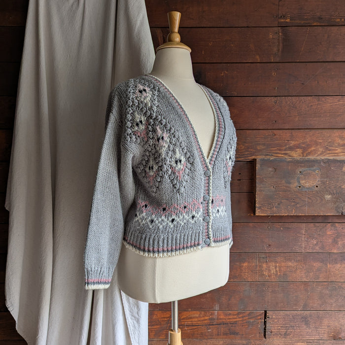 90s Vintage Grey and Pink Hand Knit Cardigan