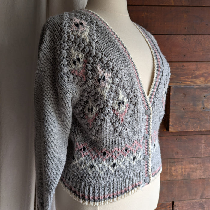 90s Vintage Grey and Pink Hand Knit Cardigan