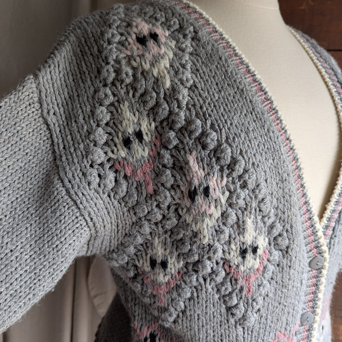 90s Vintage Grey and Pink Hand Knit Cardigan