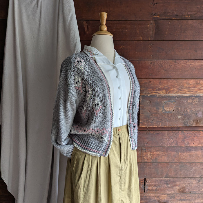 90s Vintage Grey and Pink Hand Knit Cardigan