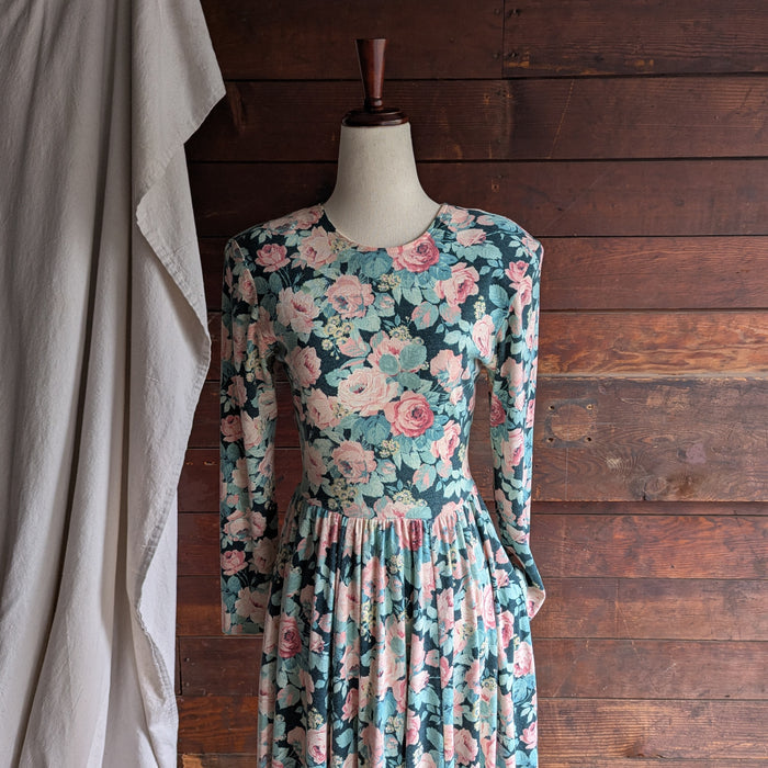 90s Vintage Jersey Knit Rose Dress