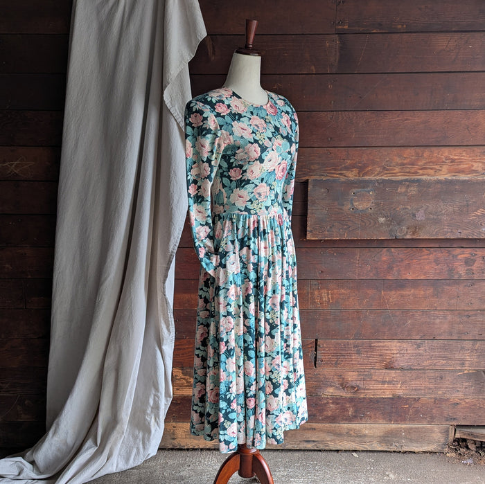 90s Vintage Jersey Knit Rose Dress