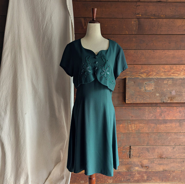 90s Vintage Layered Green Flared Dress