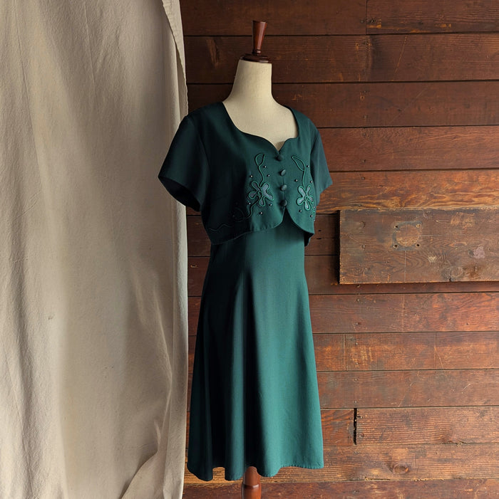 90s Vintage Layered Green Flared Dress