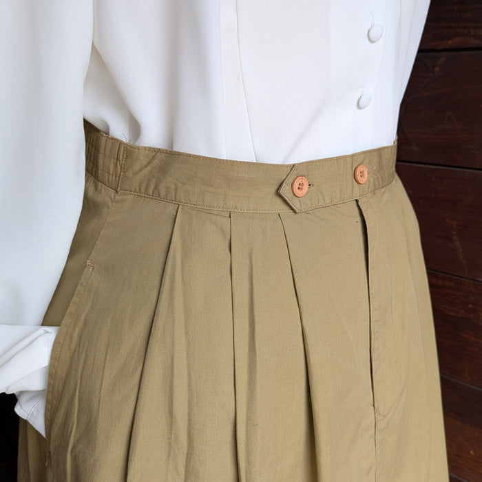 90s Vintage Pleat-Front Khaki Safari Midi Skirt