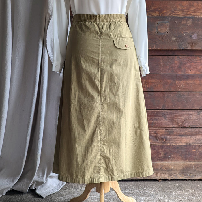 90s Vintage Pleat-Front Khaki Safari Midi Skirt