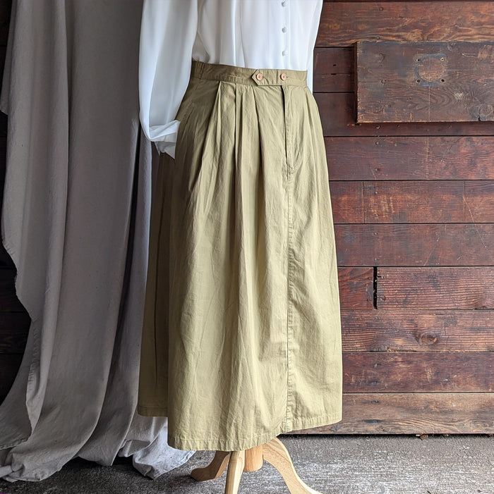 90s Vintage Pleat-Front Khaki Safari Midi Skirt