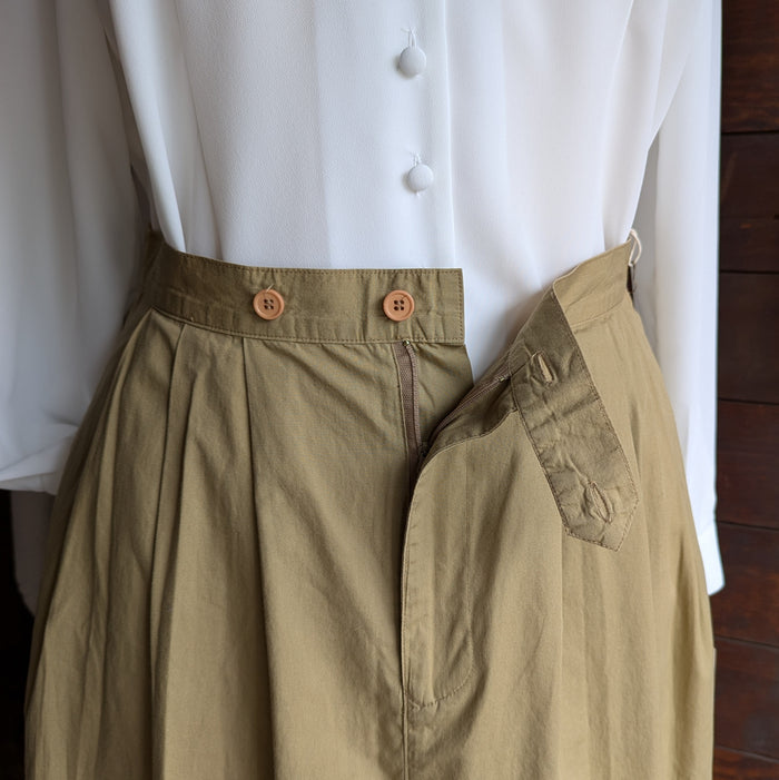 90s Vintage Pleat-Front Khaki Safari Midi Skirt