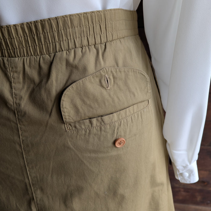 90s Vintage Pleat-Front Khaki Safari Midi Skirt
